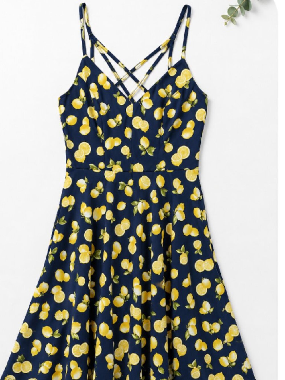 Nine Britton Lemon Print Fit & Flare Dress Navy Yellow Strappy Sundress
